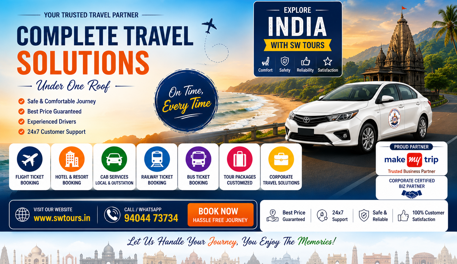 SW Tours complete travel solutions with flight ticket booking, hotel booking, cab services, railway ticket booking, bus ticket booking, tour packages, corporate travel solutions and book now options