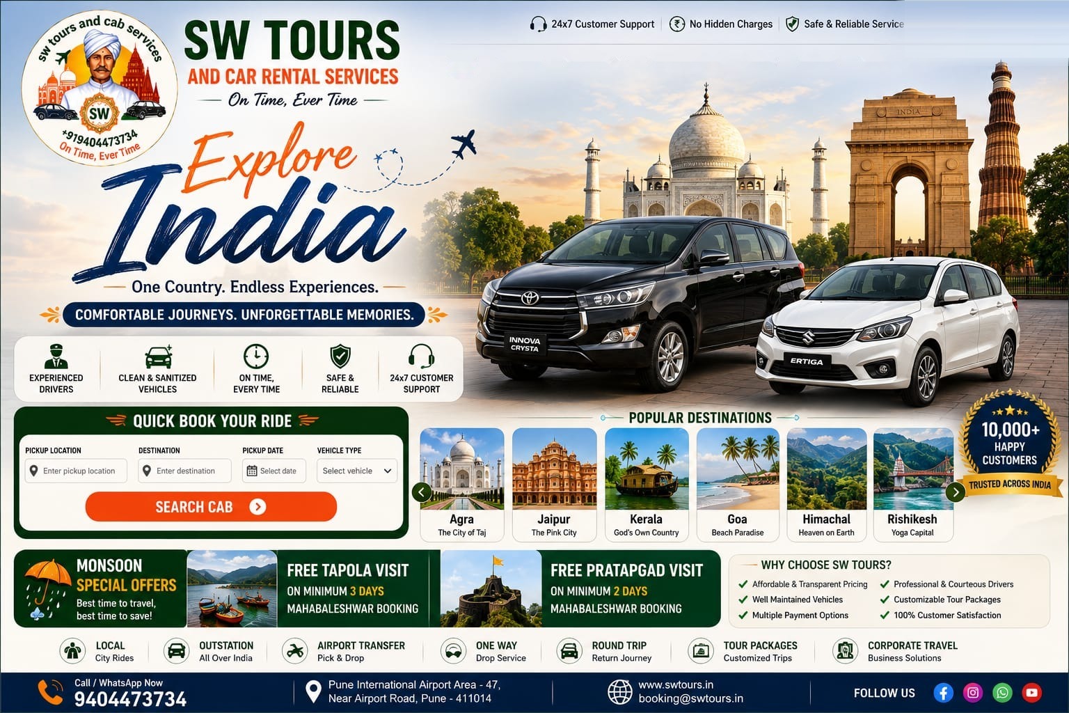 SW Tours and Car Rental Services Explore India hero with quick cab booking, popular destinations, monsoon offers, service links and contact details