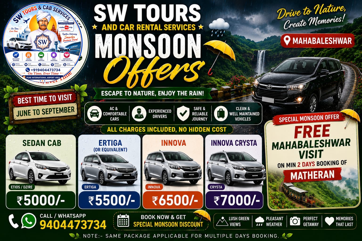 SW Tours monsoon poster for free Lonavla visit on minimum two days Matheran booking