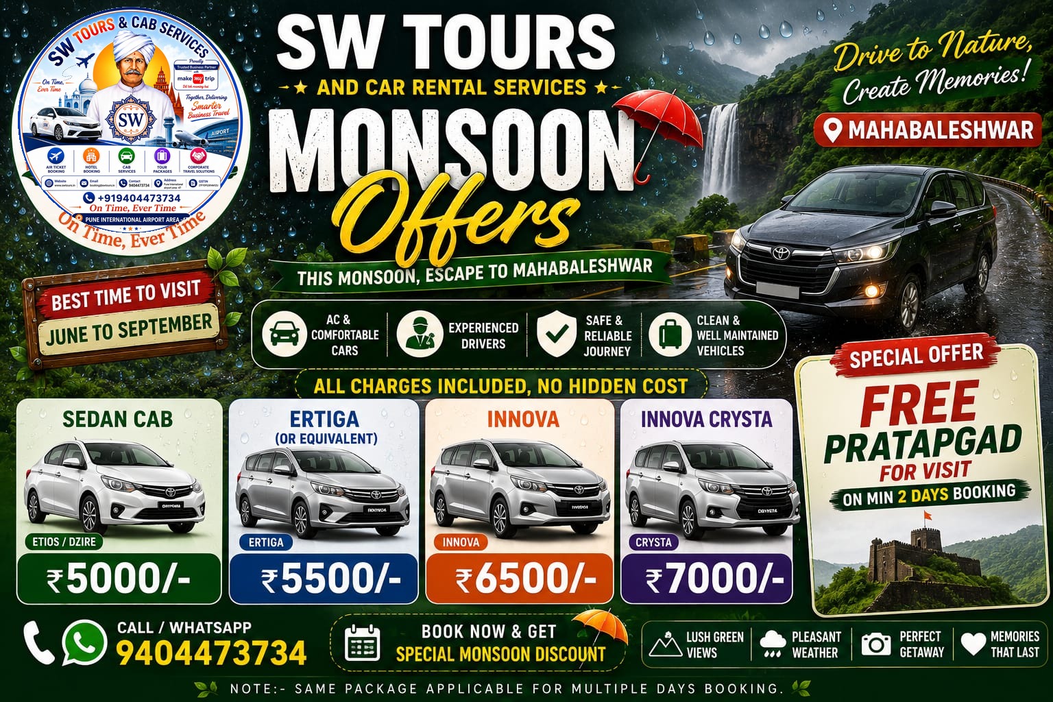 SW Tours monsoon poster for free Pratapgad visit on minimum two days booking