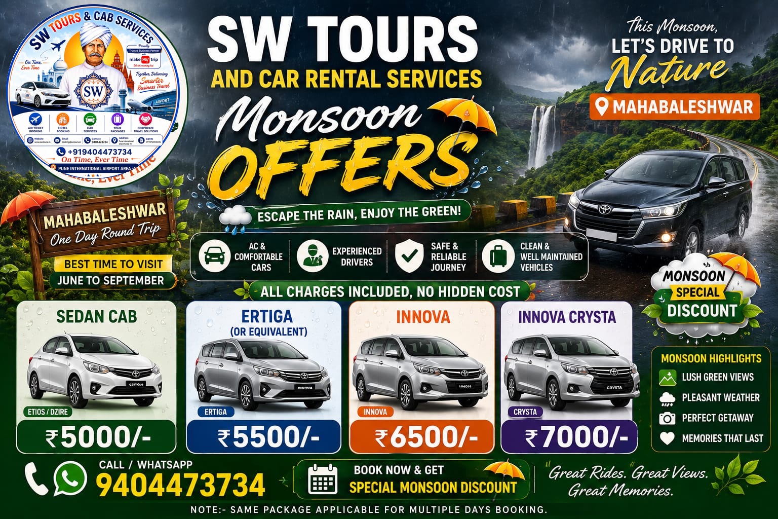 SW Tours monsoon offer poster for Mahabaleshwar one day round trip cab packages